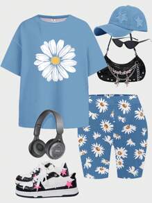 SHEIN Leap Crew Conjunto de 2 piezas de niña preadolescente con camiseta de manga corta informal y sencilla y pantalones cortos, apropiado para el verano - Multicolor - Ver 2
