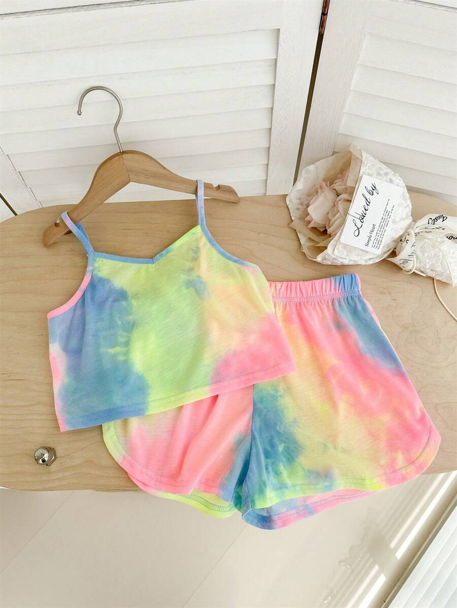 SHEIN 青少年女孩休闲家居和街头服饰扎染吊带背心和短裤两件套 - 彩色 - 查看 1