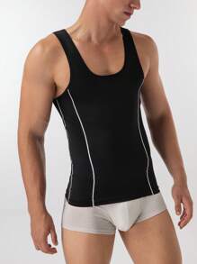 Men's Contrast Trim Sleeveless Compression Tank Top - Black - View 4