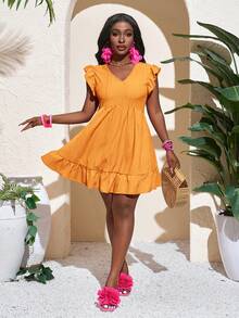 Slaydiva 2025 New Summer Music Festival, Easter, Western, Nomadic, St. Patrick's Day, Birthday Party, Graduation Season, Student, Daily Casual, All-Match Versatile, Leisure, Cruise Travel, Beach, Sun Bathing, Viral Fashionable, Textured, Ruffle Sleeves, A-Line, Gathered, Rose Pink, Women's Dress Orange Summer Dress Orange Vacation Dress Orange Dress Butterfly Sleeve Dress Ruffle Dress - Orange - View 4