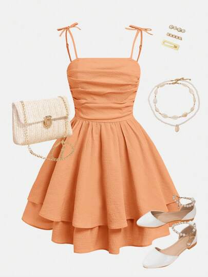 SHEIN Girlism 少女纯色褶饰双层荷叶边下摆休闲吊带背心连衣裙