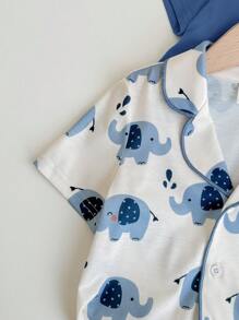 SHEIN 4pcs Baby Boy Cute Cartoon Elephant Print Solid Color Lapel Button Short Sleeve Shorts Loose Comfortable Pajama Set Graphic - Multicolor - View 5