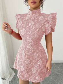 Elenzga Women's Vintage Red Textured Fabric Puff Sleeve Elegant High Collar Back Button Bow Contrasting Cutout Waist Design Slim Short Sleeve Mini Dress, Fashionable Summer - Pink - View 4