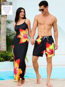 Manfinity VDAYZ Men's Floral Print Drawstring Waist Beach Shorts, Summer
