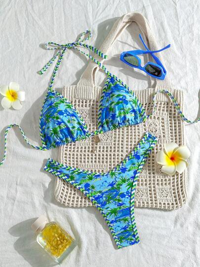 Swim Mod 2件套夏季度假花卉印花金色点缀露背上衣和高腰波西米亚比基尼套装