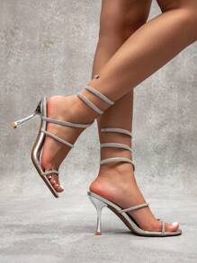 CUCCOO SZL 女士新款性感蛇纹水钻绑带银色高跟鞋，适合晚会、约会 - 銀色 - 查看 10