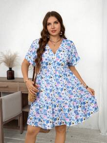 SHEIN LUNE Vestido corto de mujer talla grande de verano con escote en V, atuendos playeros para la Cuatro de Julio con colores brillantes y patrones ondulados con flores pequeñas, ropa para graduación con arcoíris para vacaciones de mujer