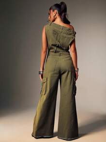 Denimoi Off Shoulder Contrast Stitch Cargo Utility Jumpsuit Denim Jumpsuit - Olive Green - View 4