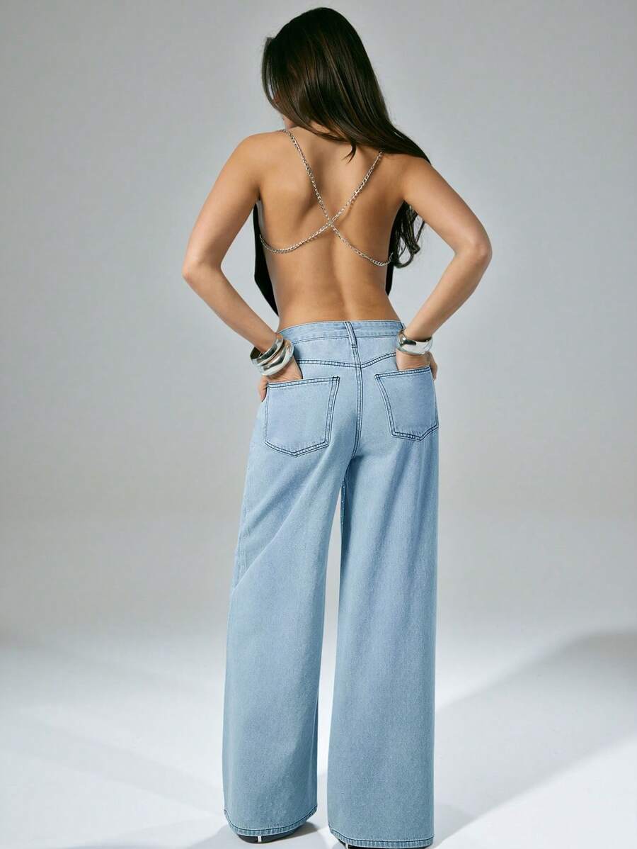 Denimoi Rhinestone Embellished Oversized Wide Leg High Waist Jeans - Light Wash - View 1