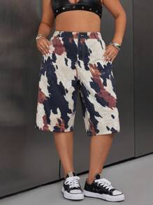 SHEIN Unity Plus Size Women Washed Cow Print Denim Bermuda Shorts - Multicolor - View 3