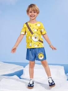 SEALOOK X SHEIN Kleine Jungen Cartoon Seehund Muster gelbes witziges lässiges Kurzarm T-Shirt und blaue Jeansshorts Set