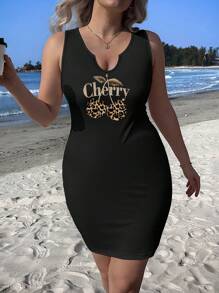 Veykashi Plus Size Women Leopard & Cherry Print Casual Sleeveless Bodycon Dress Suitable For Going Out - Black - View 5