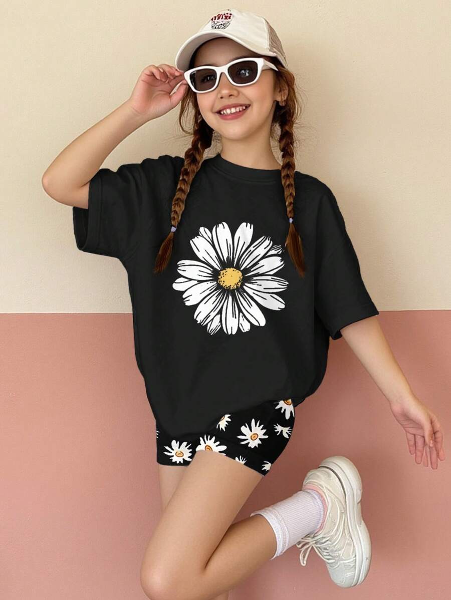 SHEIN Leap Crew 2pcs Tween Girls Casual Mini T-Shirt And Shorts Set, For Summer - Multicolor - View 1