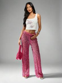 MISSGUIDED Glamorous Sequin Wide Leg Pants Disco Party Evening Wear Festival Dance Trousers Sparkling Palazzo Style Holiday Club Bottoms - Hot Pink - View 3
