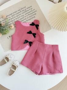 Young Girl Sleeveless Solid Color Top And Shorts 2 Pieces Set - Pink - View 4
