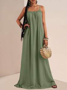 Slaydiva 大码休闲纯色超长吊带裙 - 綠色 - 查看 6