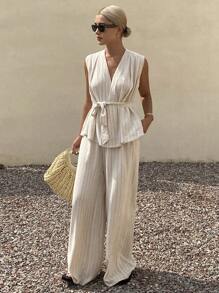 Livesso 2件套夏季新款休闲收腰女士条纹背心和阔腿裤套装亚麻