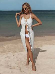 Swim Chiccia Women's Summer Beach Swimsuit Solid Color Stand Collar Cape Style Dress, High Slit Skirt With Metal Starfish Decor Cover Up White - White - View 4