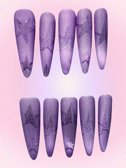 Kawaii Y2K Holographic Cat Eye & Star Minimalist Purple Press-On Nails, Handcrafted With Futuristic Feel,Suitable For Music Festivals, Casual Everyday Wear