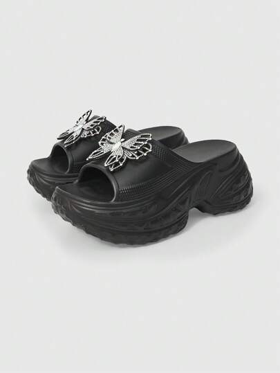Kawaii Women's Dark Rock Punk Gothic Y2K Butterfly Platform Sandals, Open Toe Bling Dress Shoes, Soft Sole Summer Slip-On Slippers For Party, Halloween