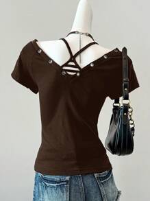 SHEIN EZwear 夏季乡村音乐会标语图案短袖T恤 - 棕色 - 查看 2