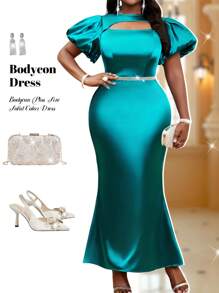 SHEIN Lady Plus Size Women Solid Color Hollow Out Short Puff Sleeve Bodycon Fishtail Elegant Dress Cruise Outfits Women - Teal Blue - View 5