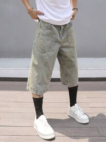 Claim Dot 男士纯色休闲牛仔短裤，适合夏季 - 中等水洗藍 - 查看 8