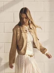 Aralina 女式纯色长袖单排扣实用口袋休闲夹克 - 棕色 - 查看 4