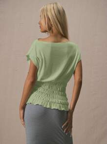 MUSERA 斜领收腰系带针织上衣，春夏可爱度假日常胶囊衣橱机场假日可爱秋季款 - 綠色 - 查看 4