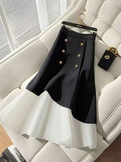 女士优雅拼色褶皱下摆双排扣半身裙