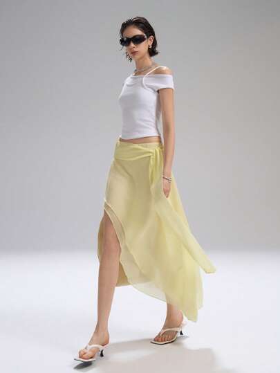 LYSMO Women's Summer Elegant Solid Color Side Slit Yellow Skirt