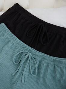 SHEIN 2pcs Plus Size Rib Knit Fake Drawstring Casual Lounge Shorts Sleep Shorts Set