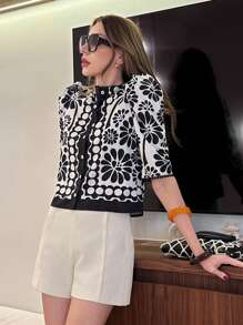 Pariaura 花卉印花蕾丝下摆圆领休闲衬衫 - 黑與白 - 查看 3