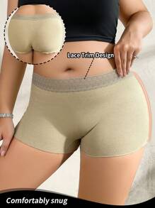 SHEIN 1 件女士加大码棉混纺罗纹蕾丝边性感内裤 - 卡其色 - 查看 1