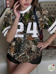 青少年女孩休闲简约字母和数字图案 24 针织超宽松 T 恤适合夏季，适合运动游戏，迷彩树枝印花，休闲短袖，时尚上衣 - 彩色 - 查看 2