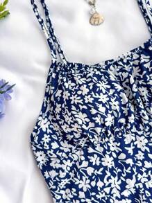 SHEIN Đầm hai dây hở lưng họa tiết hoa nhí màu xanh dương và trắng dành cho thiếu nữ, thích hợp cho kỳ nghỉ hè, du lịch, đi biển và các dịp lễ hội. - Màu xanh hải quân - Xem 4