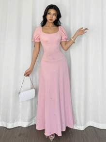 Firerie 女士优雅奢华浪漫舞会礼服婚礼宾客节日甜心领水钻装饰泡泡袖蝴蝶结露背 A 字长裙，粉色 - 粉色 - 查看 5