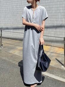 FRIFUL Vestido largo de verano holgado de unicolor con cremallera metálica casual para mujeres, vestido de graduación para damas - Gris Claro - Ver 6