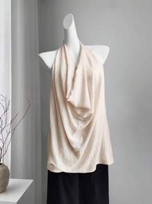 SHEIN Unity Women's Draped Neck Halter Tank Tops,Peach Pink Summer Elegant Brunch Boho Backless Asymmetrical Western Wear Concert Vacation Beach Party - Apricot - View 8