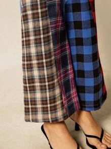 Easelle Women's Plaid Patchwork Denim Effect Flared High Waist Pants, Spring/Summer - Blue - View 7