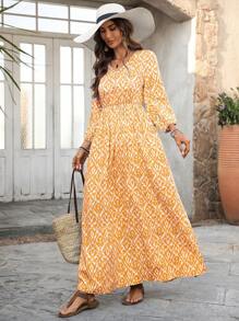 EMERY ROSE Đầm tay đèn lồng họa tiết hình học thanh lịch cho nữ đi nghỉ - Màu vàng - Xem 4