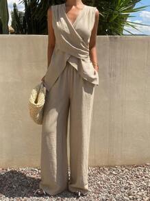 Livesso Women Two Pieces Outfits For Daily Wear Linen - Khaki - View 6