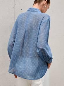 Aveloria Modichic Áo cánh tay dài cổ voan chấm bi đen trắng đơn giản, đa năng, phù hợp với mọi phong cách dành cho nữ, thích hợp cho mùa xuân và mùa hè, ngày lễ tình nhân - Màu xanh lam - Xem 2