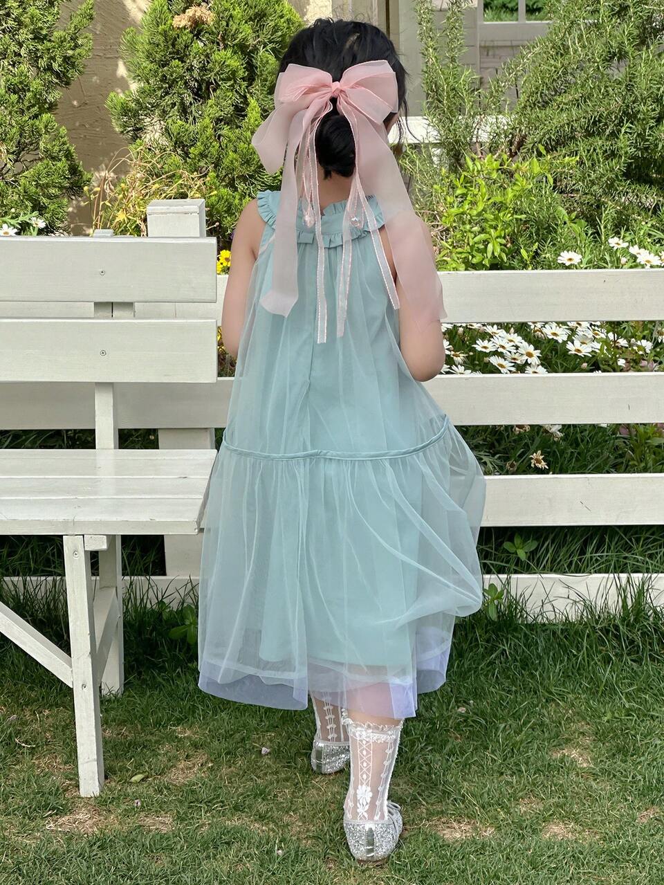 Young Girls Round Neck Mesh Sleeveless Dress, Summer Vacation