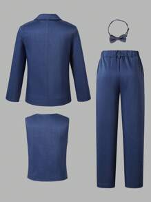 SHEIN 3 件套男童休闲优雅海军蓝绅士套装：西装背心和裤子，适合正式场合和派对 - 藏蓝色 - 查看 2