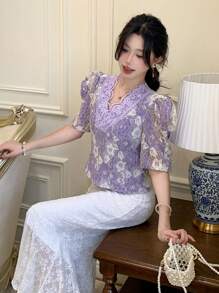 DAZY Women's Elegant Lace V-Neck Puff Sleeve Shirt, Summer