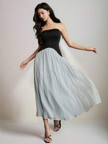 Heiryn Women Contrasting Color Bandeau Pleated Hem Elegant Dress - Multicolor - View 1