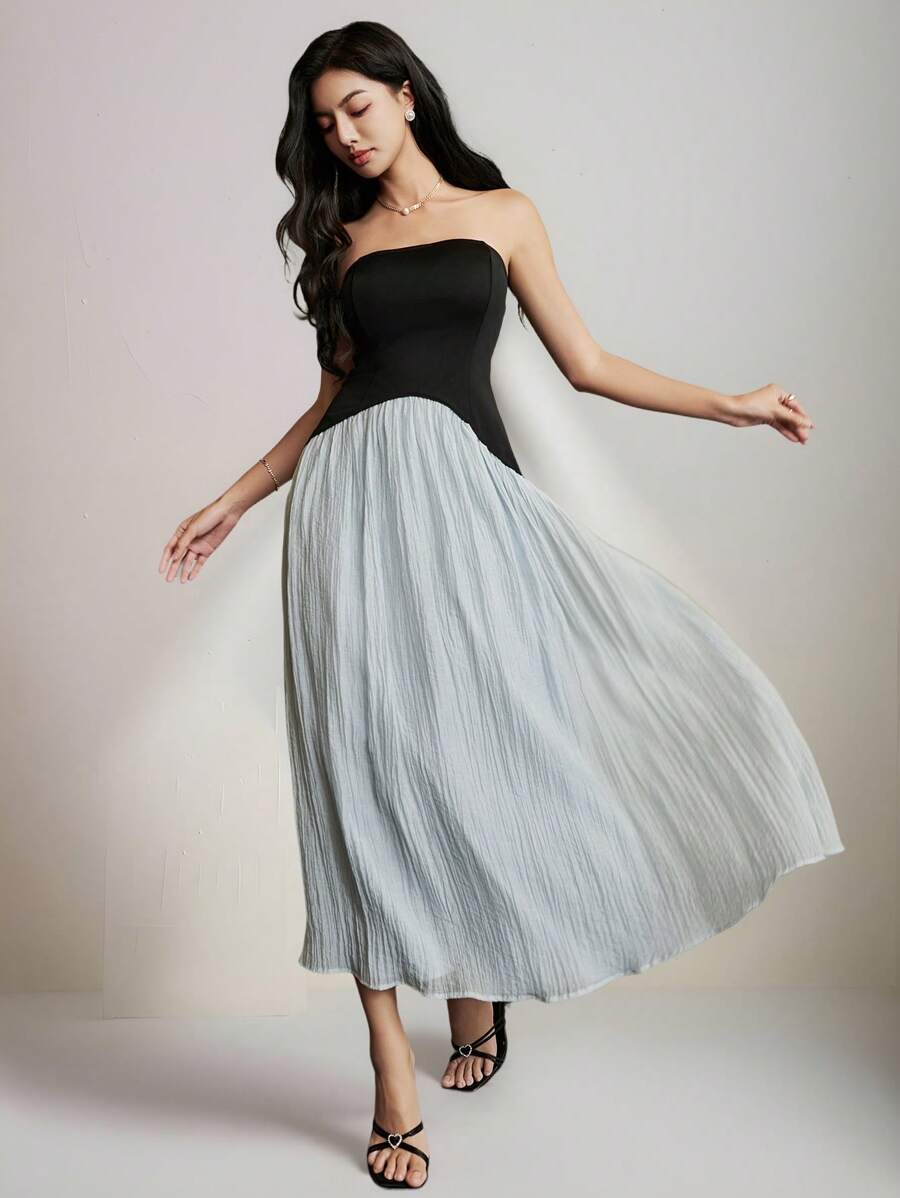 Heiryn Women Contrasting Color Bandeau Pleated Hem Elegant Dress - Multicolor - View 1