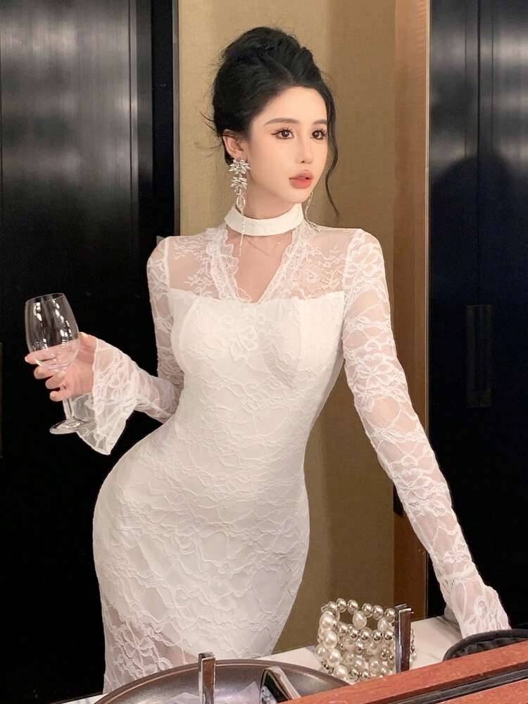 Sexy Bodycon Lace Patchwork Hollow Out Stand Collar Fitted Mermaid Hem Flare Sleeve Women Dress For Wedding Party,Fall Dress Long Sleeve Dress