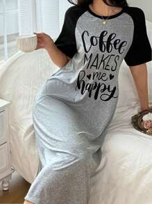 SHEIN Contrast Color Raglan Short Sleeve Women's Knit Crew Neck T-Shirt Nightgown - Black - View 2